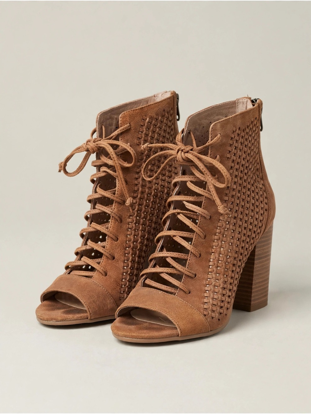 Vince Camuto Tan Suede Lace-Up Open-Toe Heeled Ankle Boots